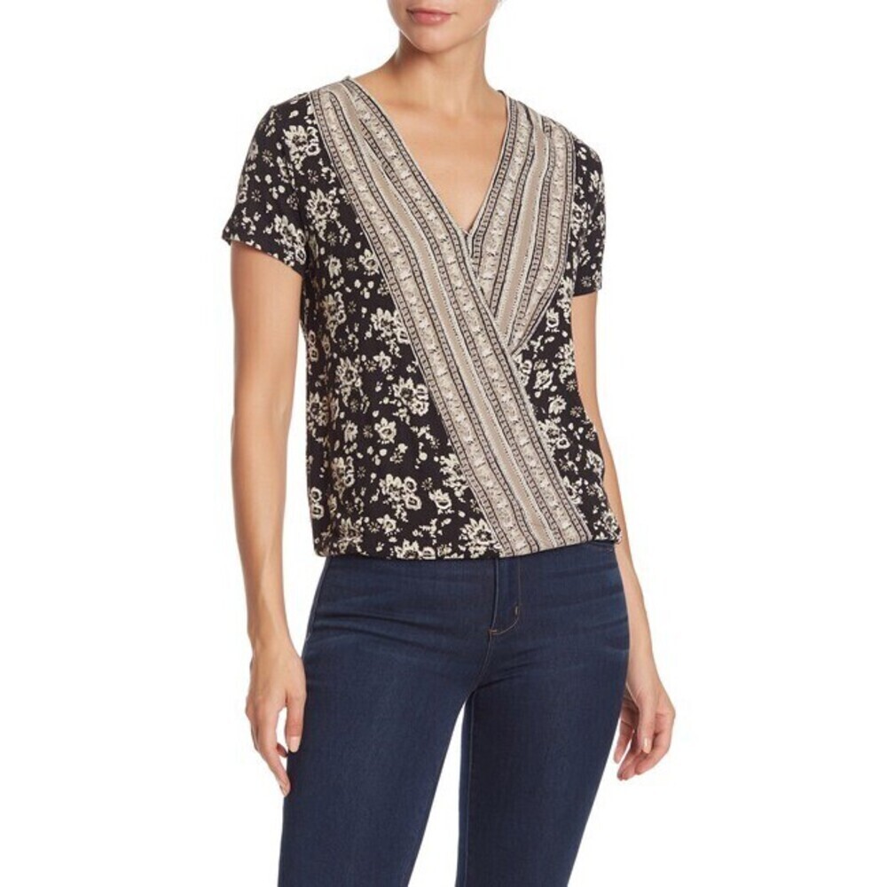 Lucky Brand Woodblock Surplice Neck Top black multi